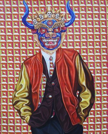 oil painting of man wearing contemporary fashion and horned bull mask in front of patterned backgrou