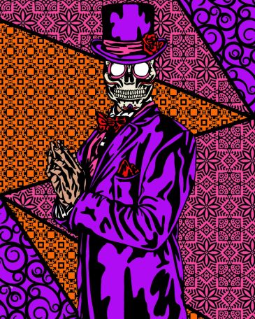 screen print of figure wearing day of the dead skull mask in front of segments of pattern