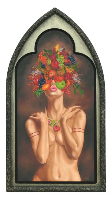 arch shaped oil painting of nude women with fruit and flowers covering her face
