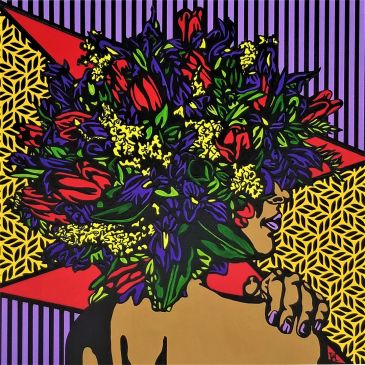 acrylic painting with heavy black outlines of woman with a floral bouquet covering her face