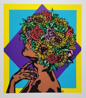 acrylic painting with heavy black outlines of woman with a floral bouquet over her face