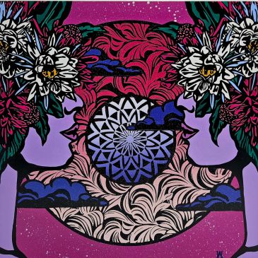 acrylic painting two women facing each other with bouquets covering their faces in front of a circul