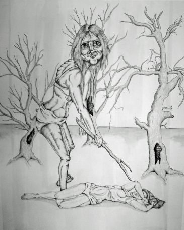 Drawing of creature poking a woman with a stick