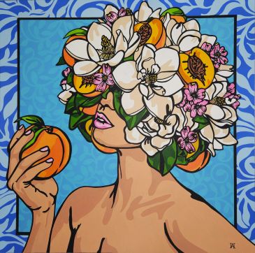 acrylic painting with heavy black outlines of woman with a floral bouquet of peaches and magnolias c