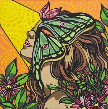 woman wearing moth mask looking at a ray of light and flowers