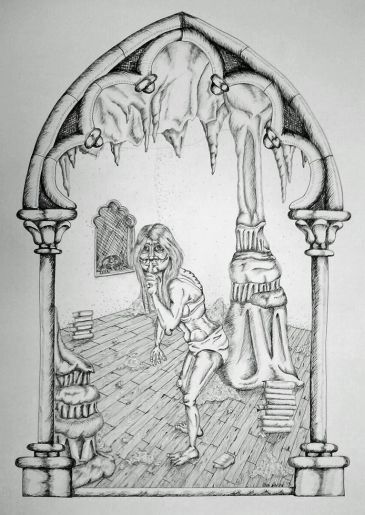 drawing of creature saying shh. in an arched shaped environment