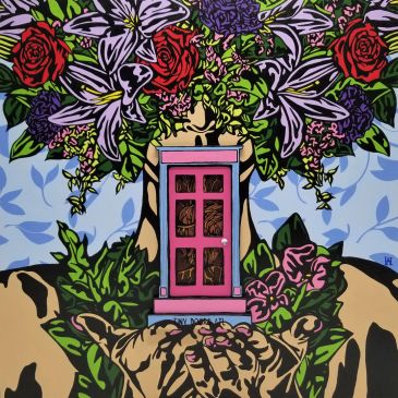 acrylic painting with heavy black outlines of woman with a floral bouquet of lilies and roses coveri