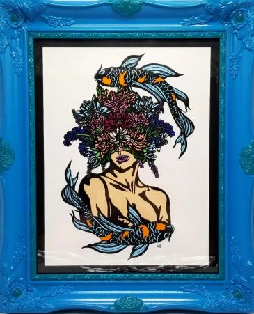 acrylic painting with heavy black outlines of woman with a floral bouquet covering her face and two