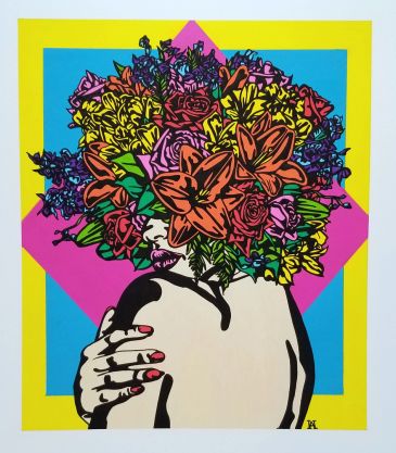 acrylic painting with heavy black outlines of woman with a floral bouquet covering her face