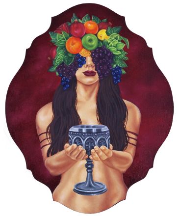 shaped oil painting of nude women with fruit and flowers covering her face holding a goblet