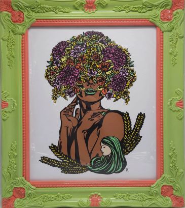 acrylic painting with heavy black outlines of woman with a floral bouquet covering her face with gir