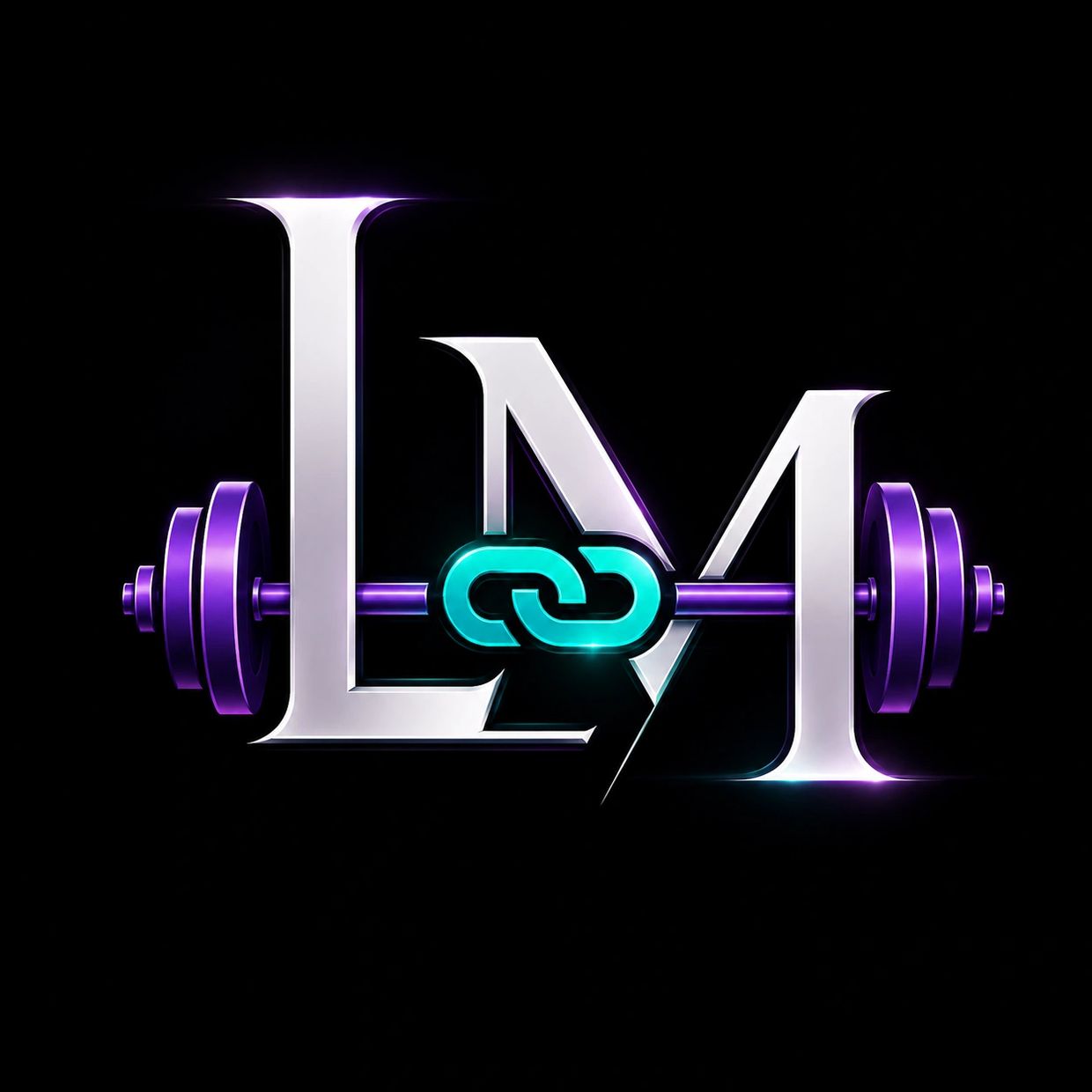 Stylish LA logo with a purple barbell and a blue chain link on a black background.