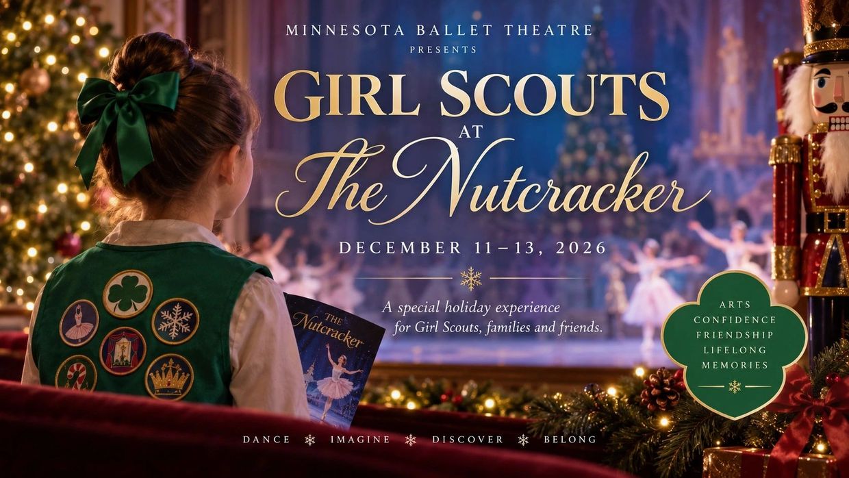 Girl Scouts at The Nutcracker event poster with festive background.