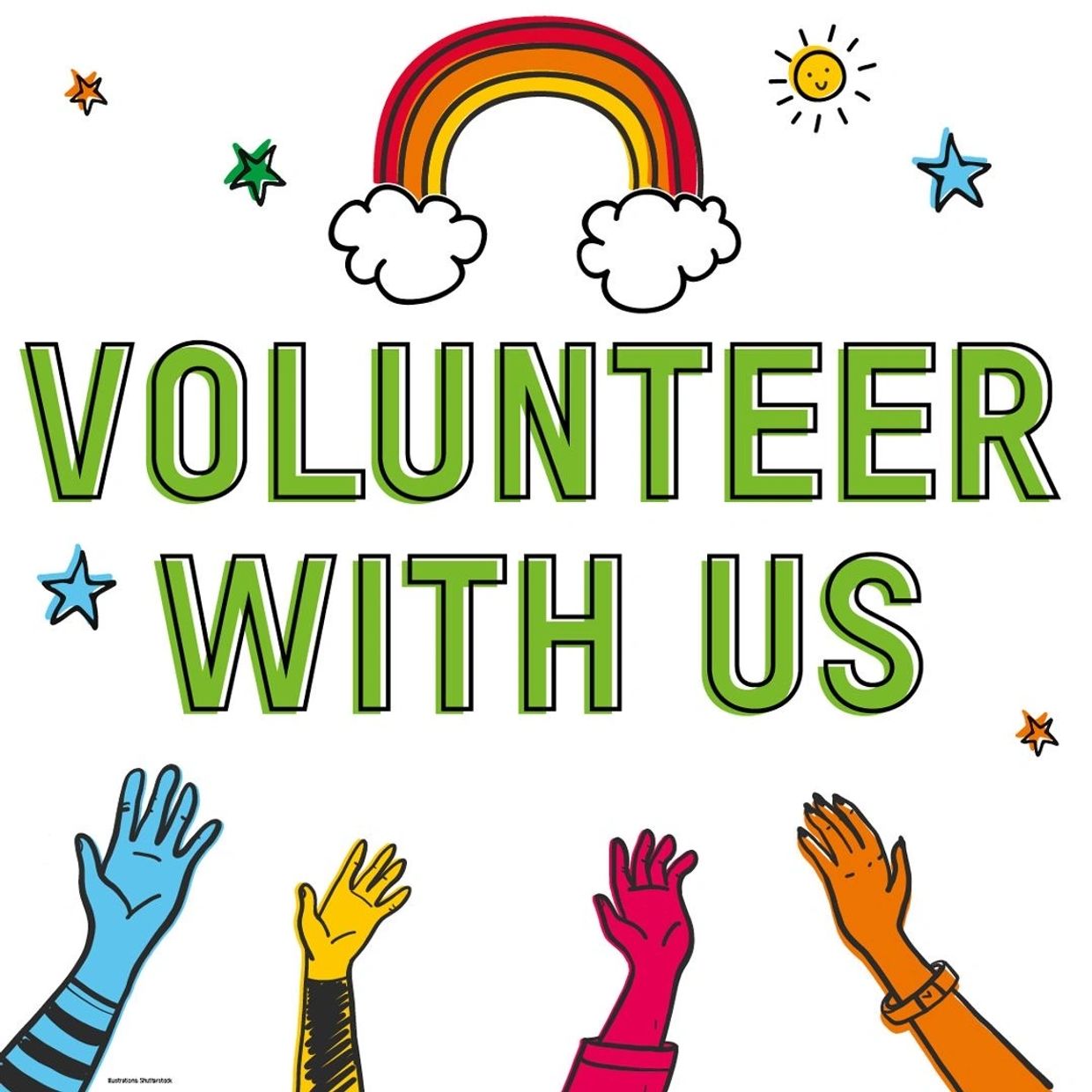 Colorful illustration encouraging volunteering with raised hands and a rainbow.