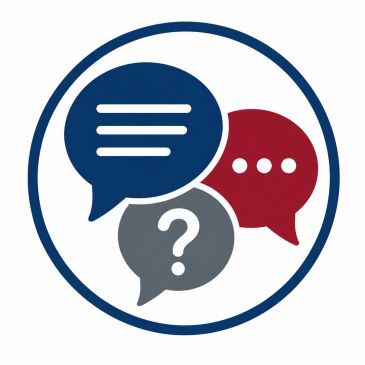 Three speech bubbles with symbols inside a circle.