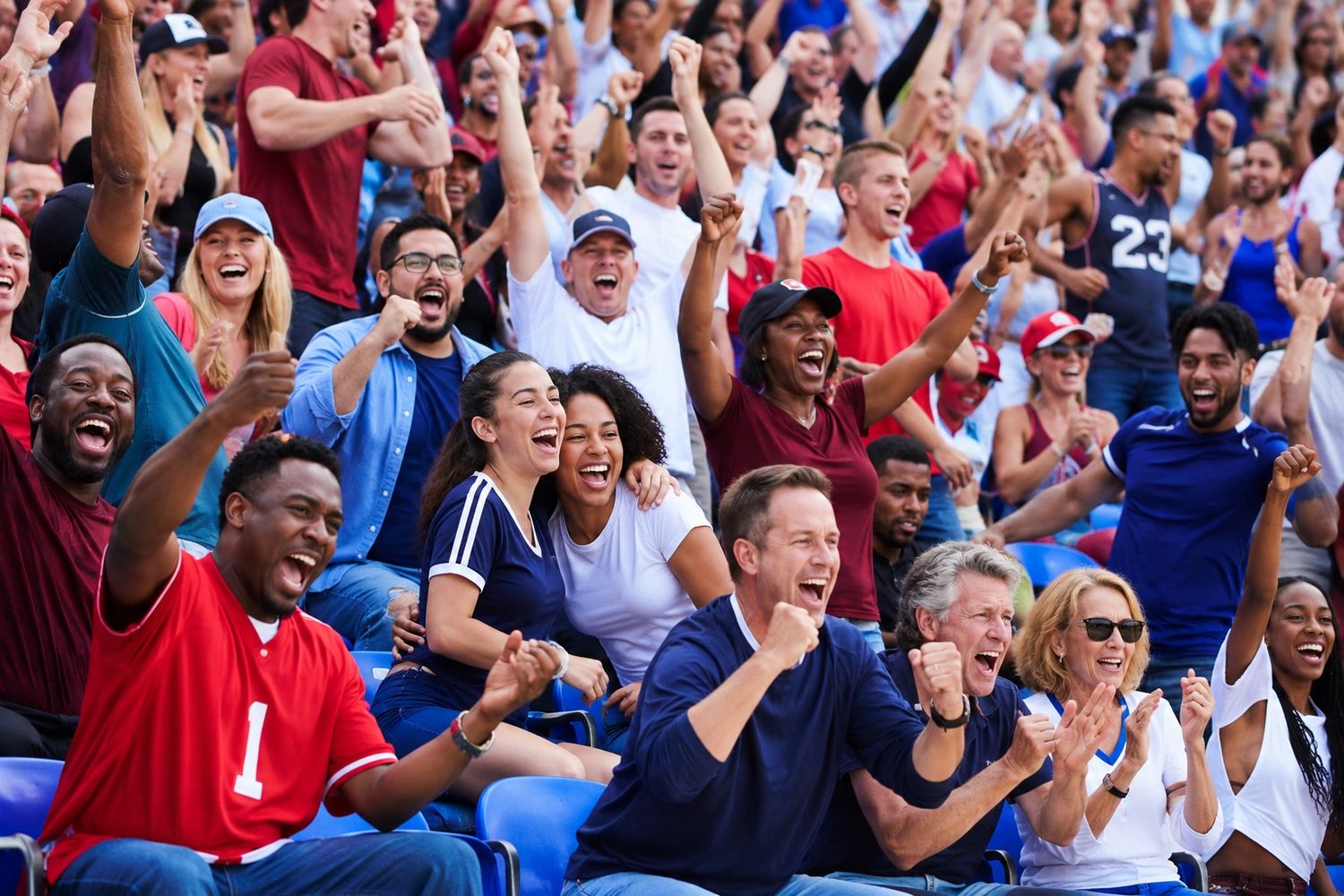 Group of happy sports fans cheering.