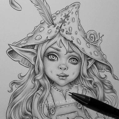 Coloring page downloads, whimsical fairy fantasy traditional art illustration by Christine Karron