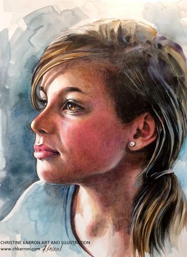 Watercolor, colored pencils, acrylic portrait painting by Christine Karron