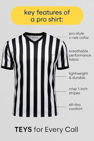 Black and white striped pro-style shirt with V-neck and breathable fabric.