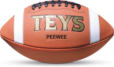 A TEYS Peewee American football with white stripes and black laces.