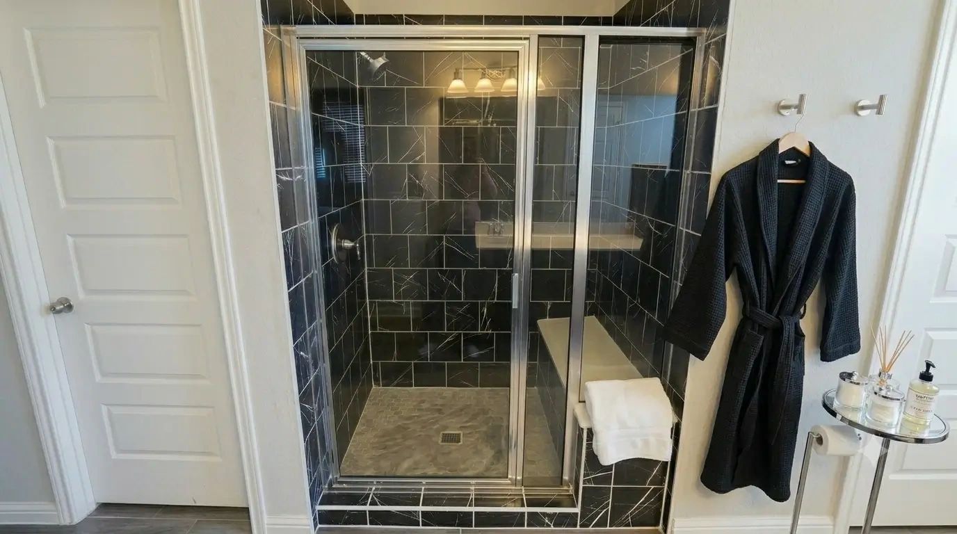 "Remodelación de baño de lujo, diseño moderno - Raptor Electric & General Contractor."