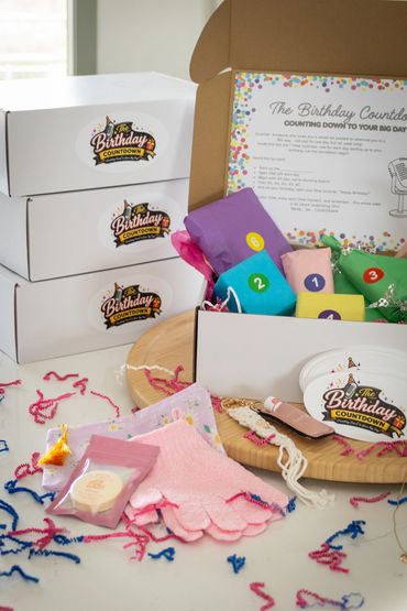 Personalized Birthday Countdown Box with custom gifts for a teen birthday celebration.