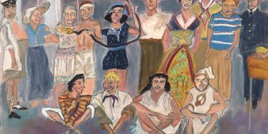 Shipwreck party circa 1955, pastel painting, Diana Rell Dean, colorful drawings of colorful people