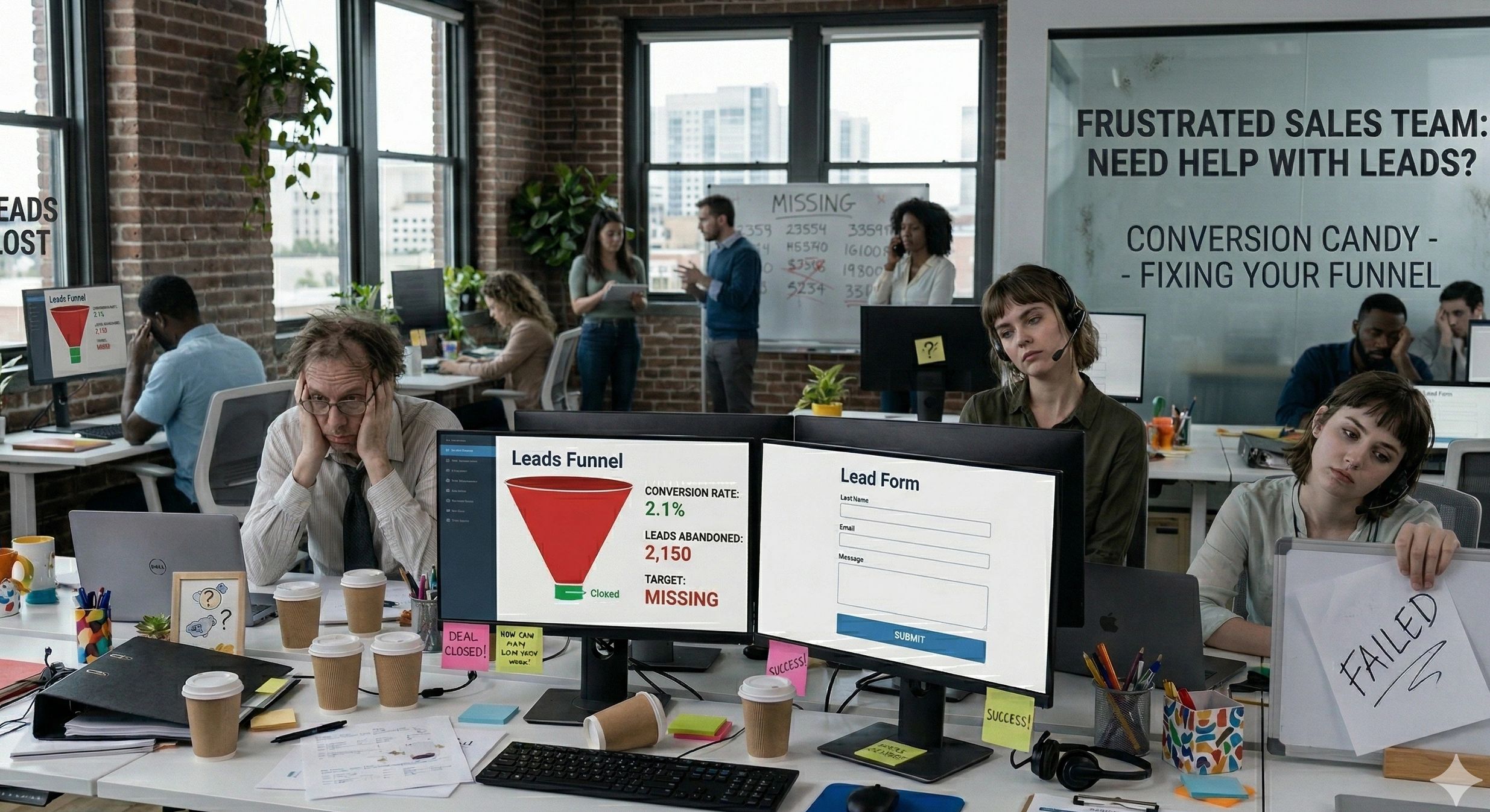 Frustrated sales team struggling with low lead conversion and missing targets.