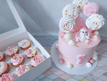 bunny cake and cupcakes