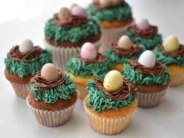 easter nest cupcakes with cadbury mini eggs and dark chocolate bark