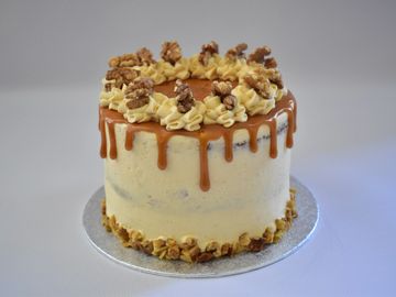 salted caramel and carrot cake with toasted walnuts and caramel drip