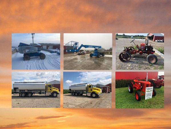 Six images of various industrial and farming vehicles and equipment.