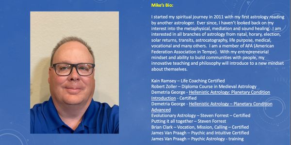 Professional headshot of Mike with his detailed astrology and coaching bio.