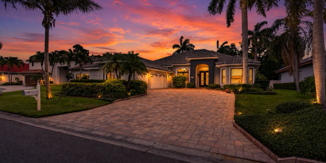 Luxury house with palm trees at sunset.
