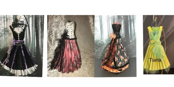 Handmade miniature paper dresses. inspired by fantasy characters, gothic romance, whimsical charm.