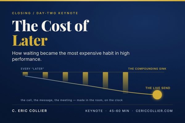 Keynote on the high cost of procrastination titled 'The Cost of Later'.