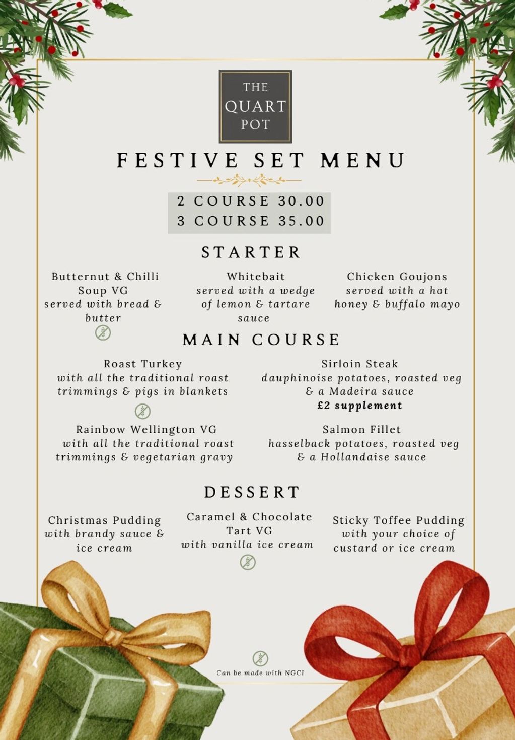 Festive set menu with 2 or 3 courses at The Quart Pot.