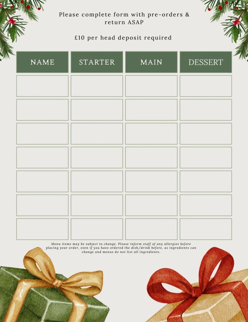 Christmas meal pre-order form with sections for name, starter, main, and dessert.
