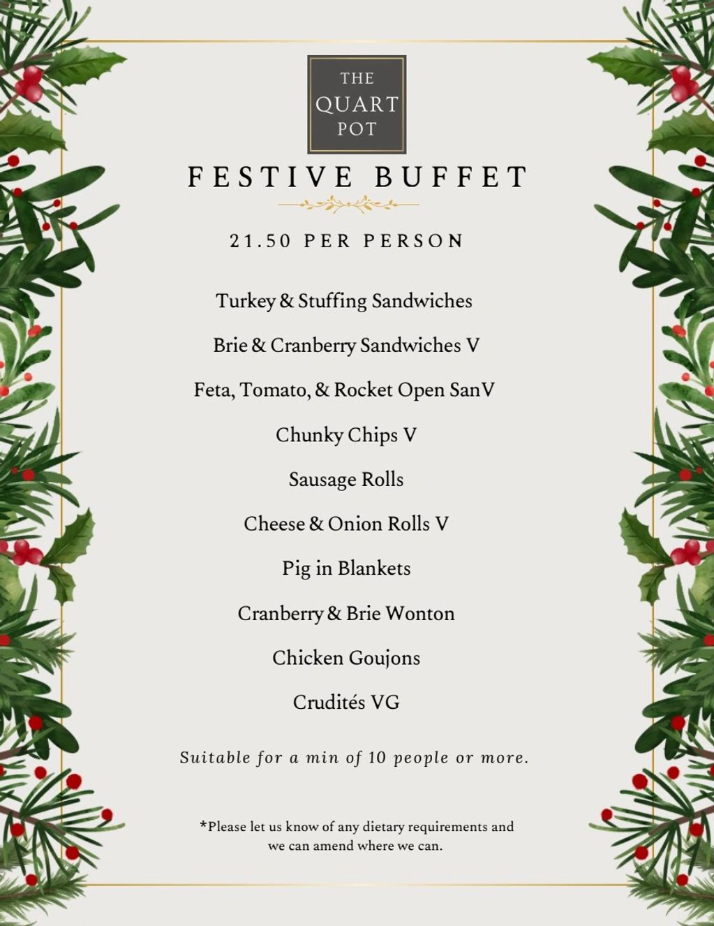 Festive buffet menu from The Quart Pot priced at 21.50 per person.