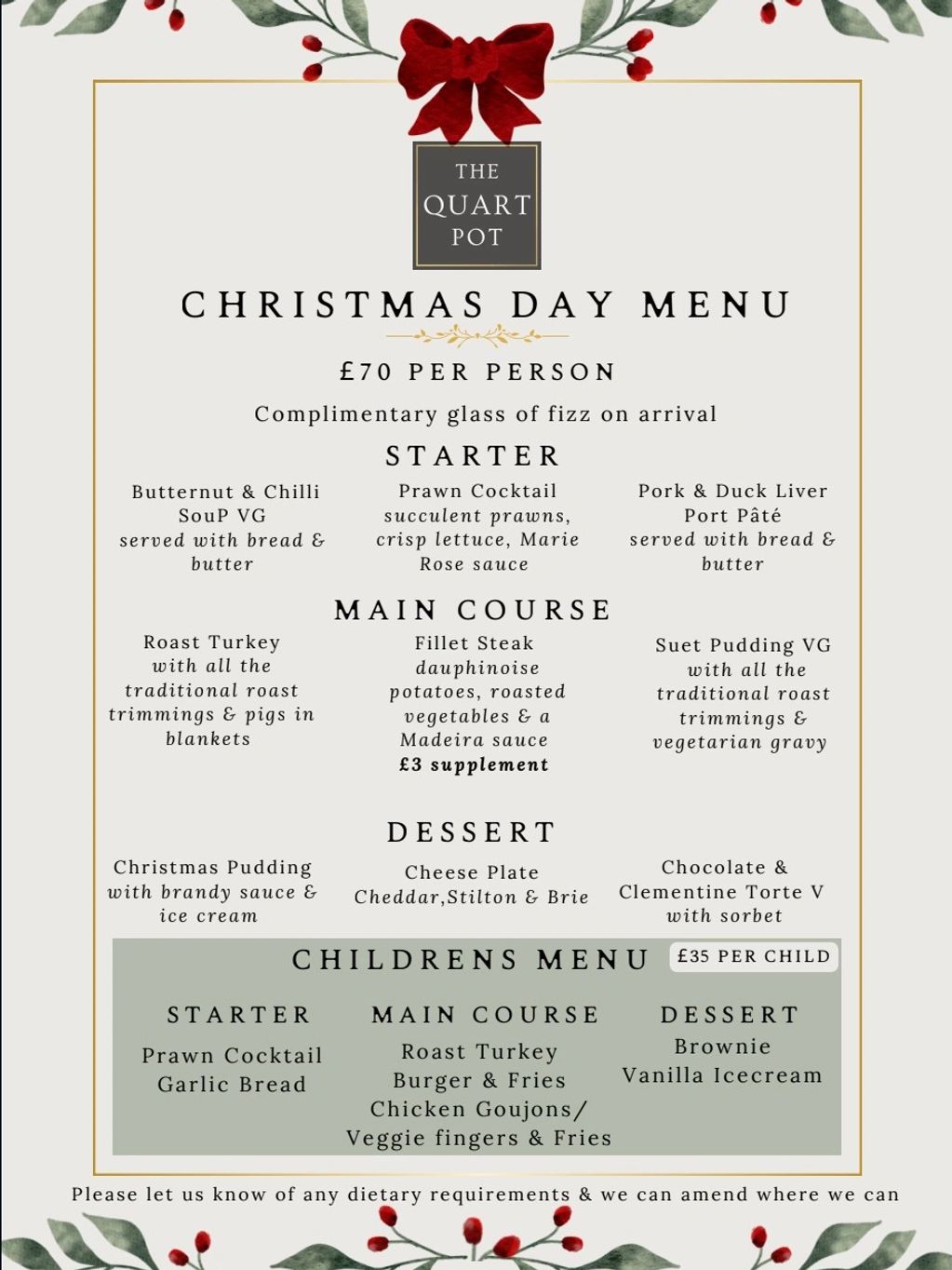 Christmas Day menu from The Quart Pot with starters, main courses, desserts, and a children's menu.