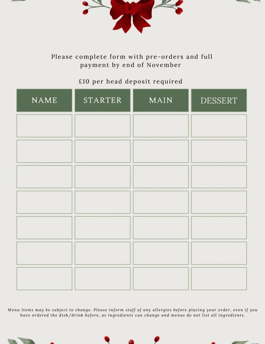 Christmas meal pre-order form with sections for name, starter, main, and dessert.