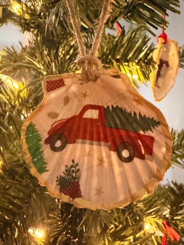 Red Truck & Tree Scallop Shell Ornament