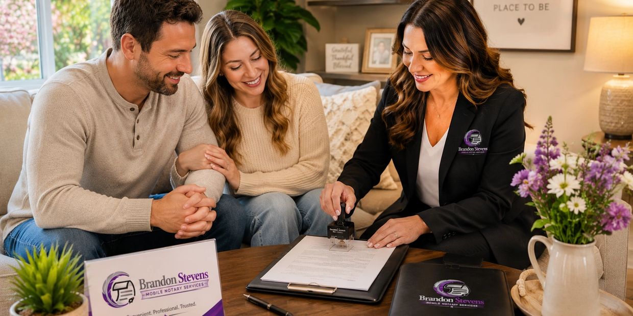 A notary stamps documents for a smiling couple in a cozy home setting.