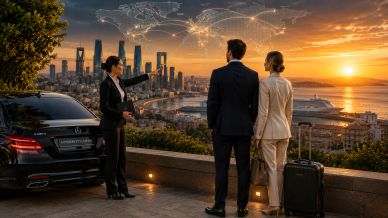 International business delegation receiving executive transportation and multilingual assistance in