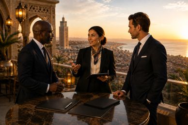 Executive business consultant assisting international executives with business expansion, multilingu