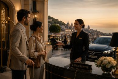 Luxury concierge welcoming international executives and VIP guests at an exclusive hotel in Spain wi
