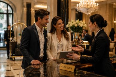 Executive interpreter assisting VIP guests at a luxury hotel concierge in Spain. Premium multilingua