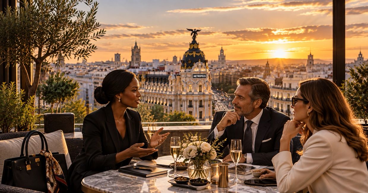 International professionals enjoying a private business and lifestyle experience in Madrid, Spain.