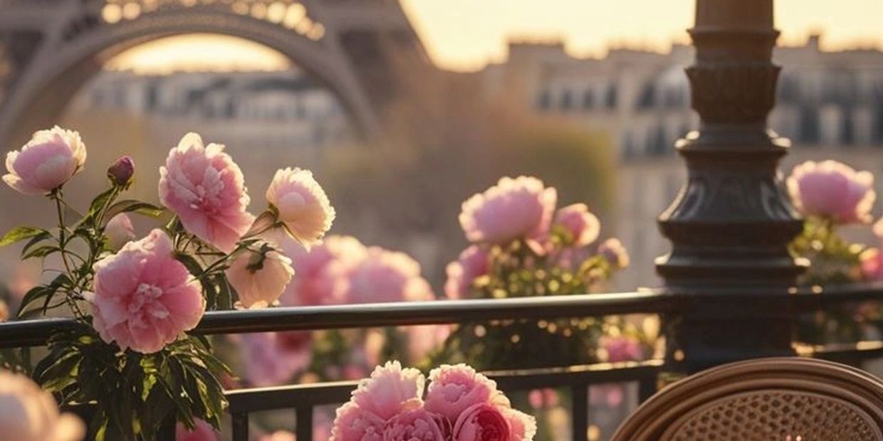 Pink flowers on balcony with Eiffel Tower in the background.
