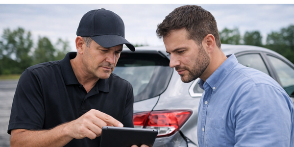 Two men discussing car damage using a tablet.